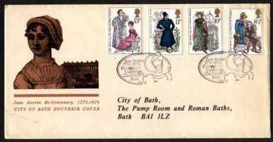 Image of the Jane Austen First Day Cover issued by the city of Bath (1975)