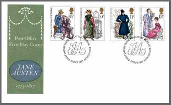 Image of Jane Austen First Day Cover designed by Jeffery Matthews (1975)