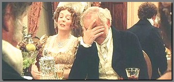 Image of Mr. Bennet in despair at the Netherfield Ball, Pride & Prejudice, (1995)