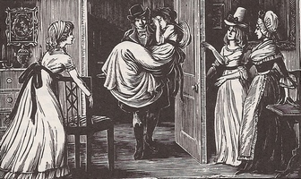 Illustration by Joan Hasall of Marianne Dashwood recused by Willoughby, Sense and Sensibility, (1958)