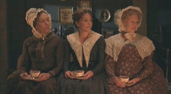 Image of Cranford ladies, Miss Deborah (Eileen Atkins), Mary Smith (Lisa Dillon), and Miss Matty (Judi Dench)
