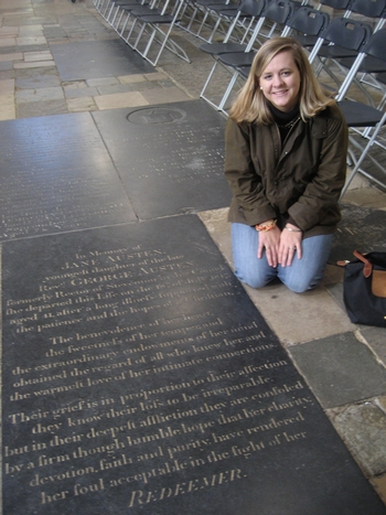 Virginia Claire Tharrington visiting Jane Austen's grave at Winchester Cathedral (2008)