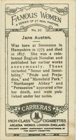 Jane Austen cigarette card (back), Carerras Tobacco (1929)