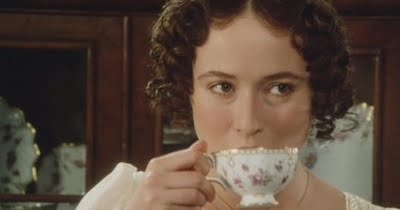 Jennifer Ehle as Elizabeth Bennet sipping tea in Pride and Prejudice 1995