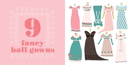 Pride & Prejudice: Little Miss Austen, illustration, 9 fancy ball gowns