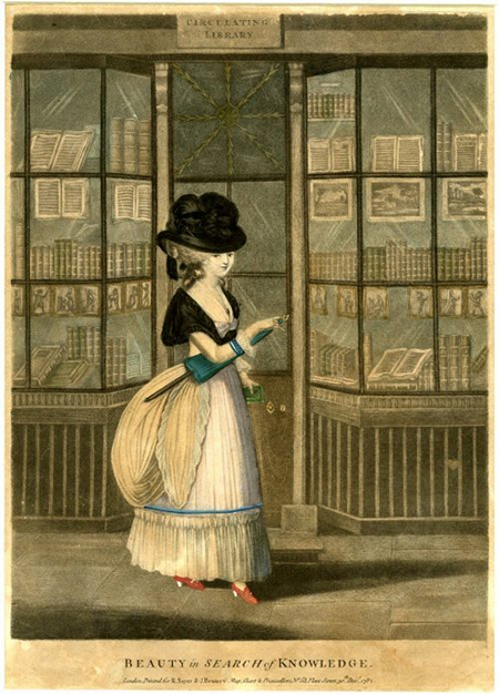 An illustration "A Beauty in Search of Knowledge" derived from a print by John Raphael Smith, 1782 (c) British Library