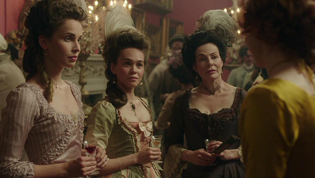 Three refined Cornish ladies Elizabeth Poldark (Heida Reed), Ruth Treneglos (Harriet Ballard) and Mrs. Chynoweth (Sally Dexter). Image (c) 2015 Mammoth Screen, Ltd. for Masterpiece PBS