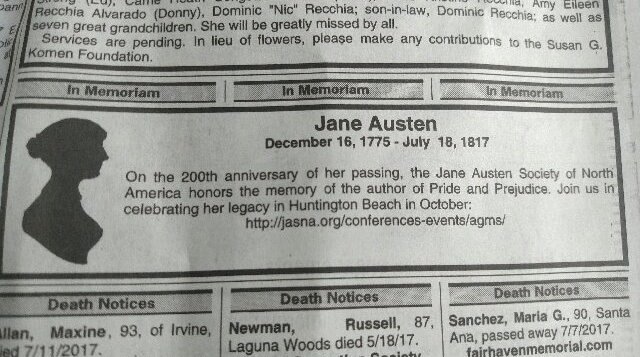 Jane Austen memoriam in O. C. Register 18 July 2017